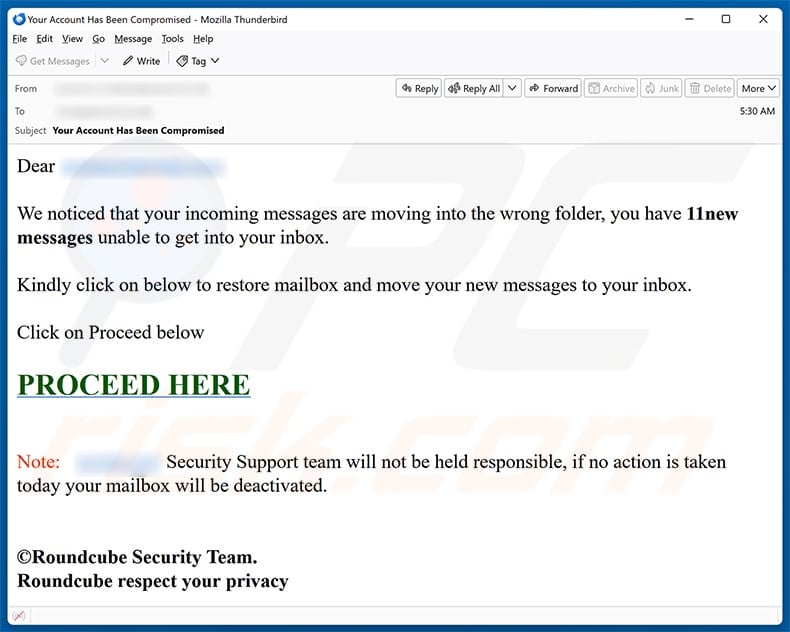 Phishing email claiming eleven incoming messages are moving to the wrong folder