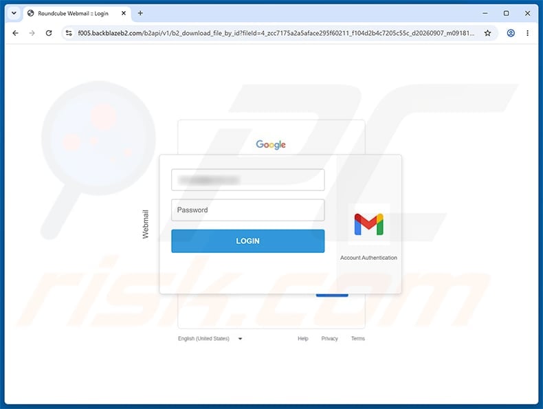 Fake Google sign-in form reached from the fraudulent Roundcube mailbox warning