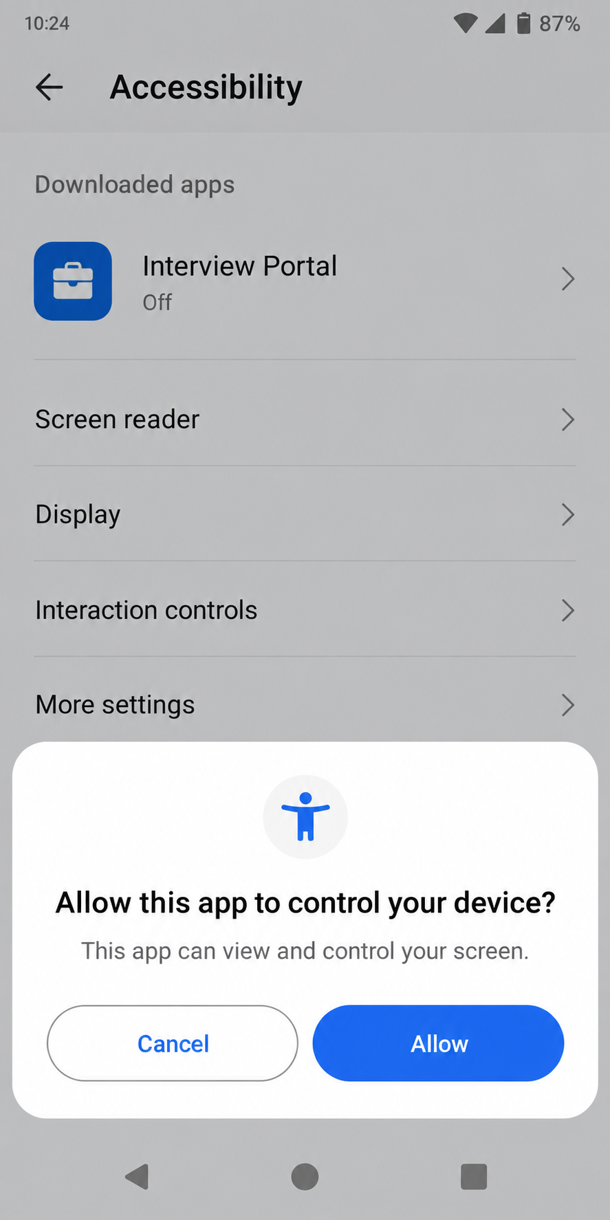 Fake Indeed Interview App Can Hijack Android 2 Educational reconstruction of an Android Accessibility permission request for a fictional interview app