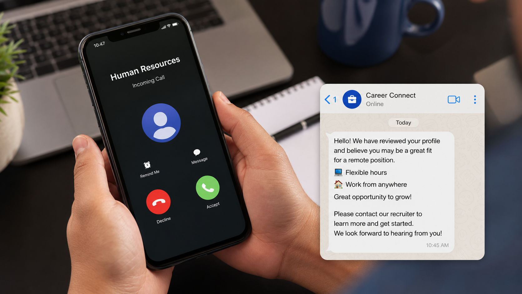 Realistic smartphone screen showing a fake Indeed Human Resources job offer call and WhatsApp instruction