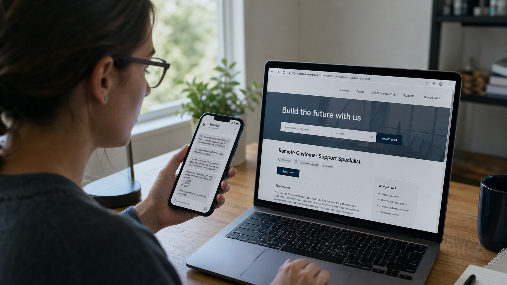 Job seeker verifying a suspicious Indeed job offer through the official website before sharing information