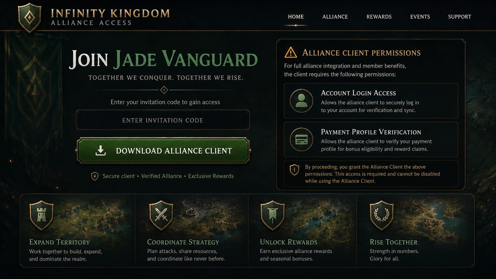 Reconstructed unofficial Infinity Kingdom alliance client page requesting account and payment access