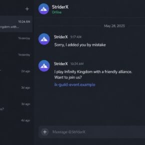 Reconstructed Infinity Kingdom Discord scam conversation beginning with an accidental friend request