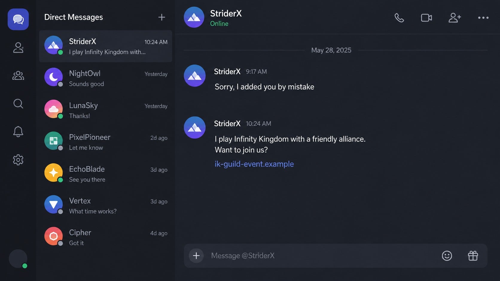 Reconstructed Infinity Kingdom Discord scam conversation beginning with an accidental friend request