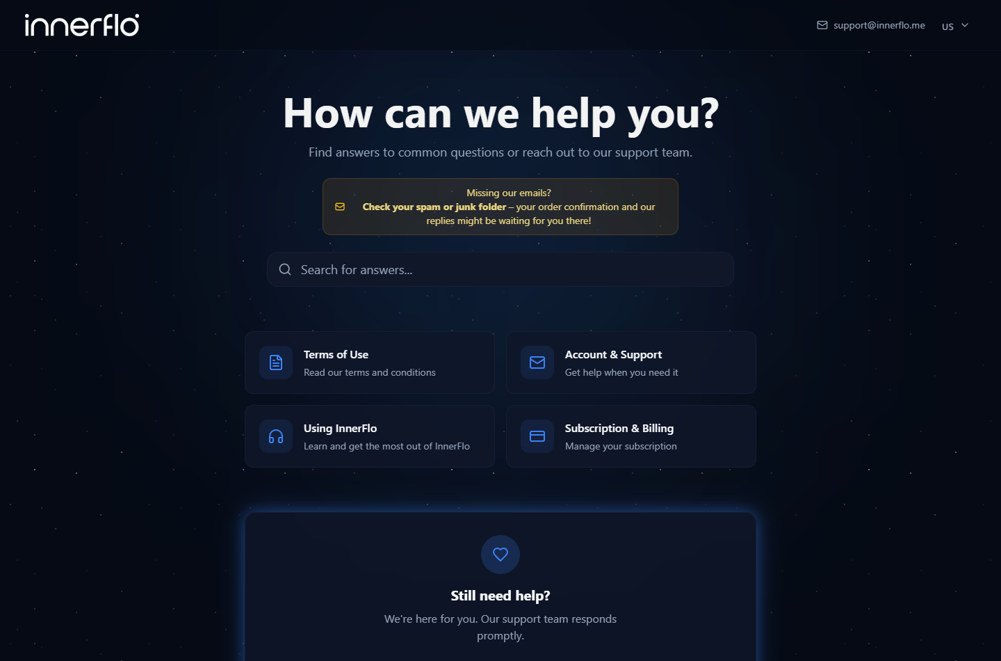 InnerFlo Subscription: Charges and Refund Risks 3 InnerFlo support center with account and subscription help categories and published support email