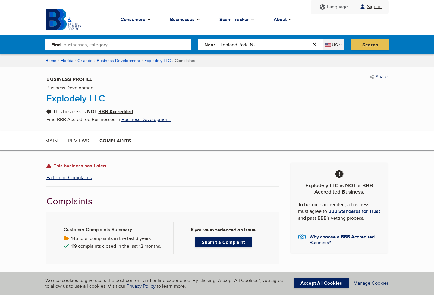 BBB complaint profile for Explodely showing a large complaint history