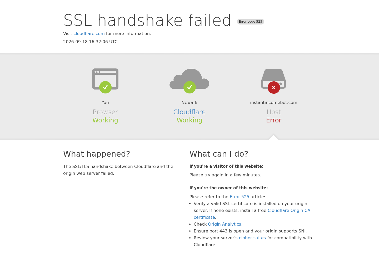 Instant Income Bot website showing a Cloudflare SSL handshake failure
