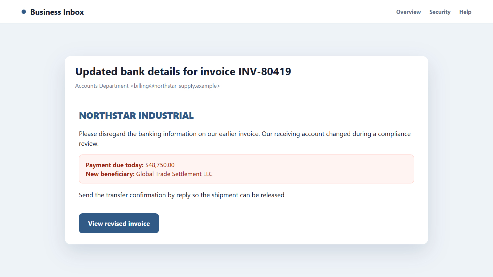 International Payment Scam: How Fake Supplier Invoices Hijack Transfers 1 Reconstructed international payment scam email replacing supplier bank details