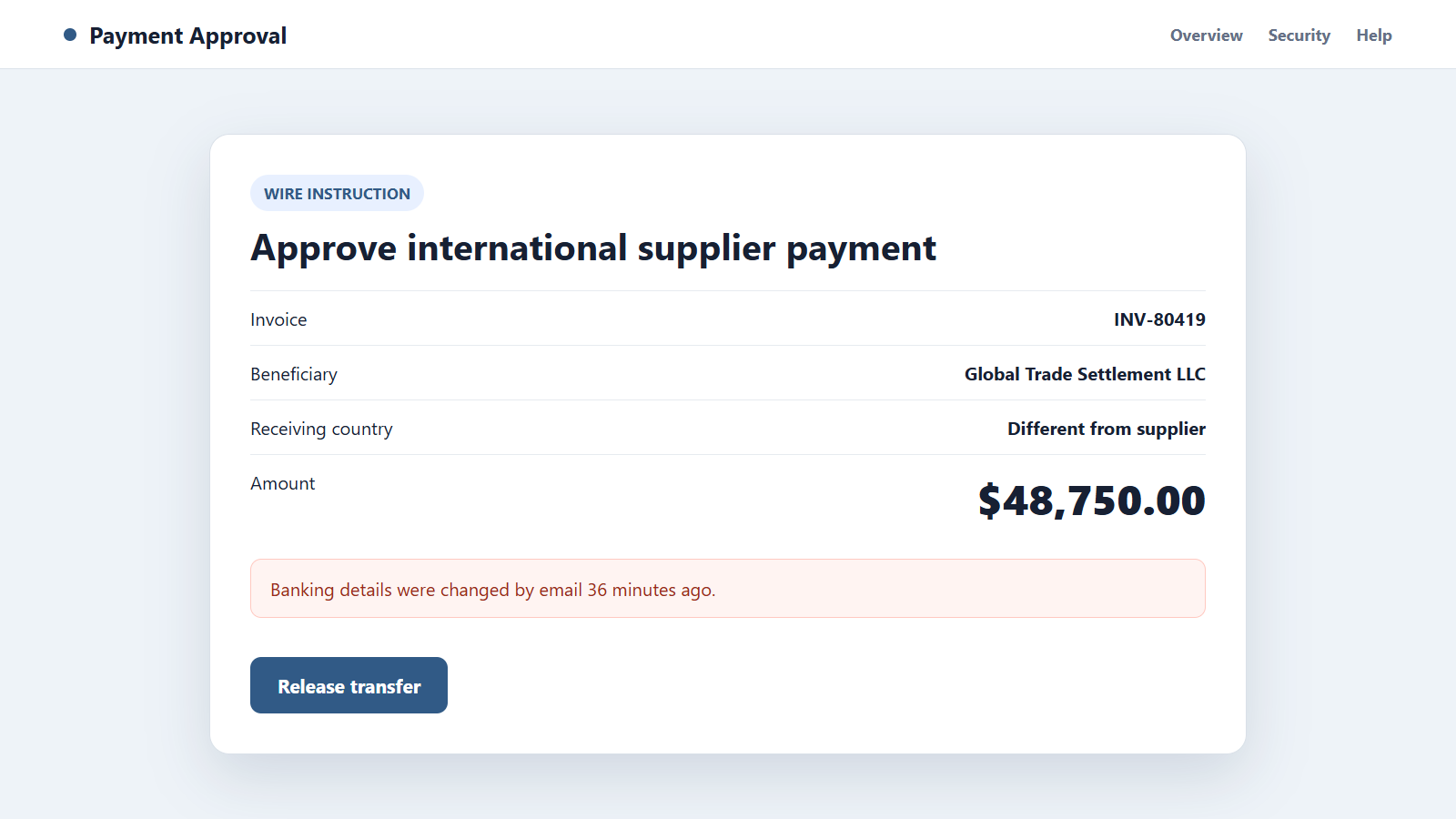 International Payment Scam: How Fake Supplier Invoices Hijack Transfers 2 Reconstructed international supplier transfer approval showing recently changed bank details