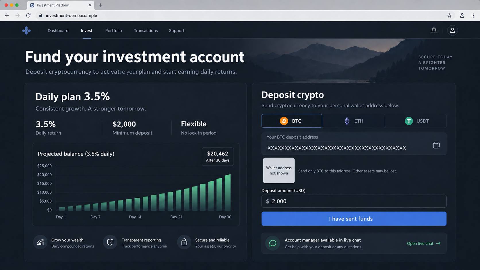 Fake Crypto Investment Platforms Show Profits, Then Demand Withdrawal Fees 1 Fictional reconstruction of a crypto investment deposit page showing invented daily returns and a placeholder wallet address