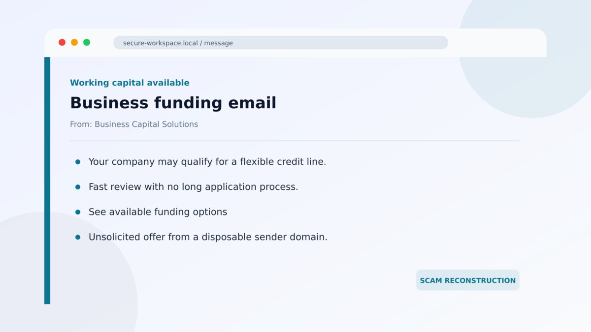 Invisible Unicode Phishing Hides Inside Funding Emails 1 Business funding email used in the Invisible Unicode Phishing Hides Inside Funding Emails investigation