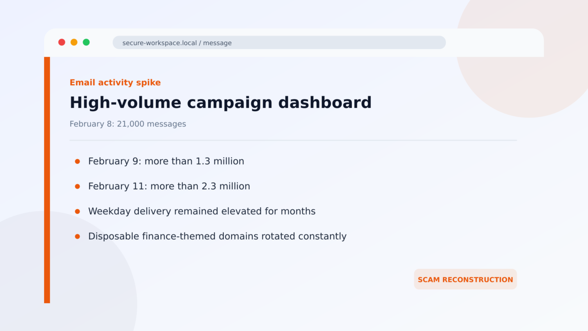 Invisible Unicode Phishing Hides Inside Funding Emails 3 High-volume campaign dashboard used in the Invisible Unicode Phishing Hides Inside Funding Emails investigation
