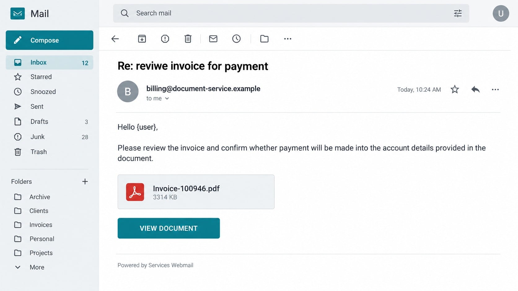 Fake invoice email asking the recipient to review and confirm payment