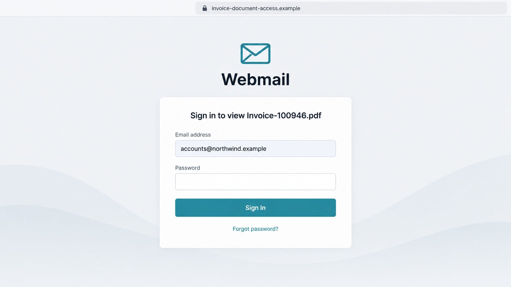 Fake webmail login presented before opening Invoice-100946.pdf