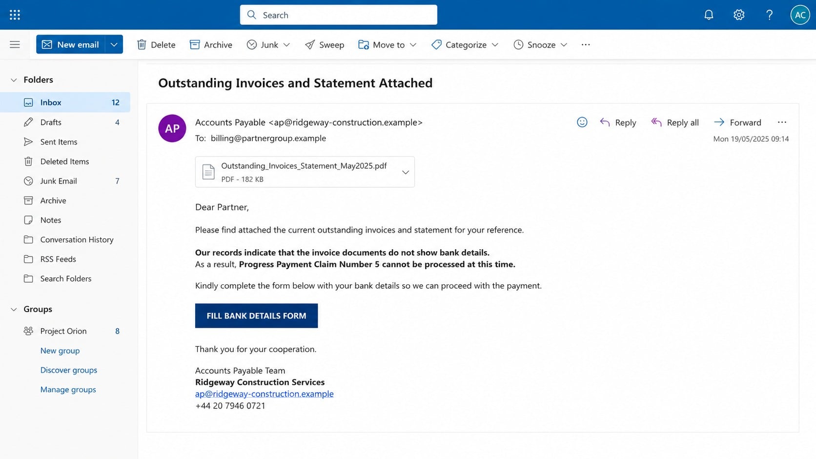 Fraudulent outstanding invoice email asking for company bank details