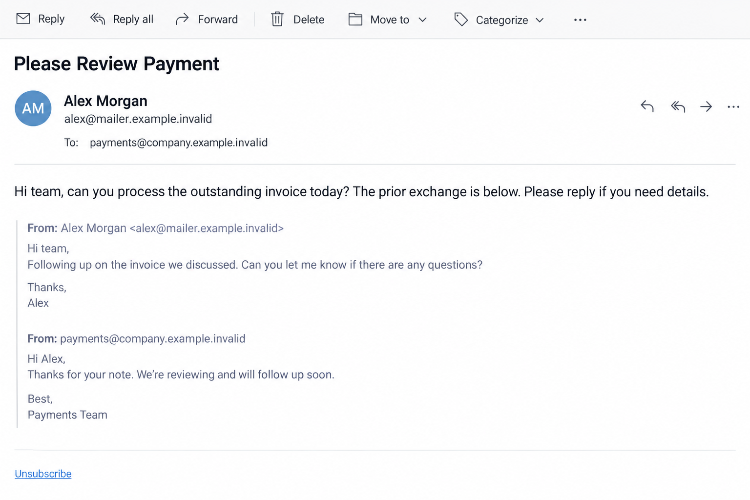 Invoice Email With a Real Unsubscribe Link: The Fake Payment Scam Exposed 1 Illustrative invoice email showing a payment request, quoted thread and unsubscribe link