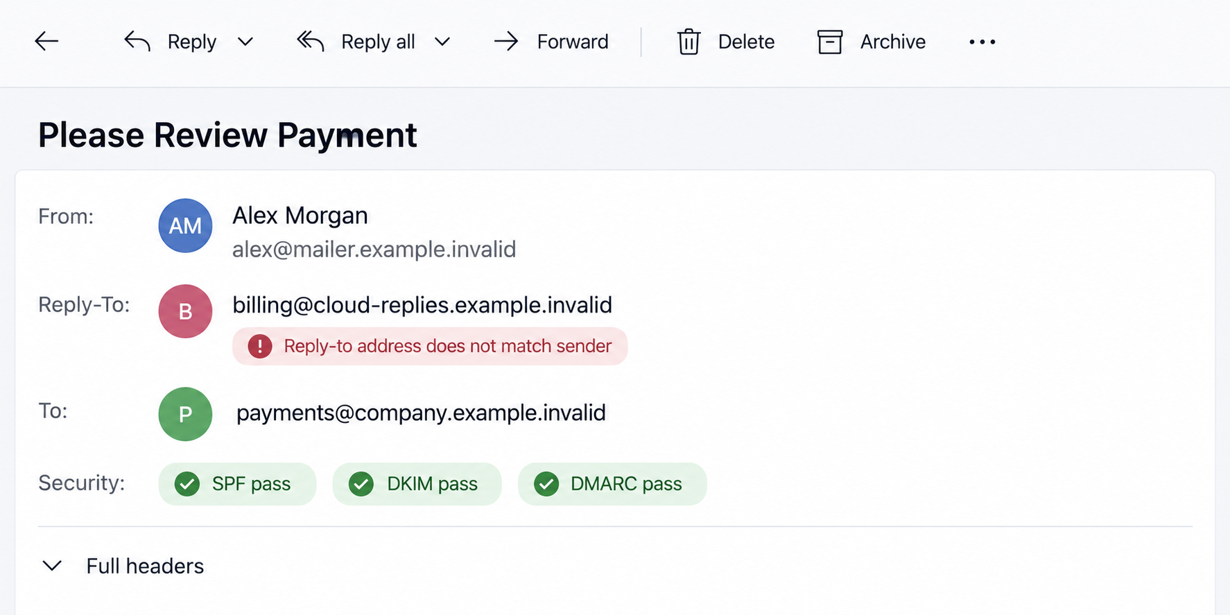 Invoice Email With a Real Unsubscribe Link: The Fake Payment Scam Exposed 2 Illustrative email header panel showing a sender and reply-to mismatch despite passing authentication