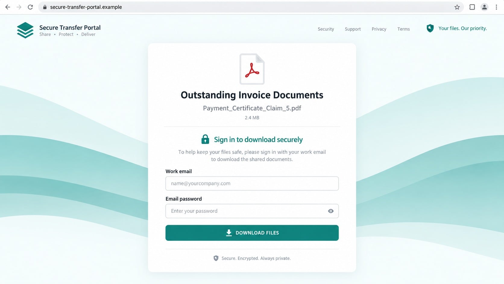 Fake secure transfer portal requesting a work email password for invoice documents