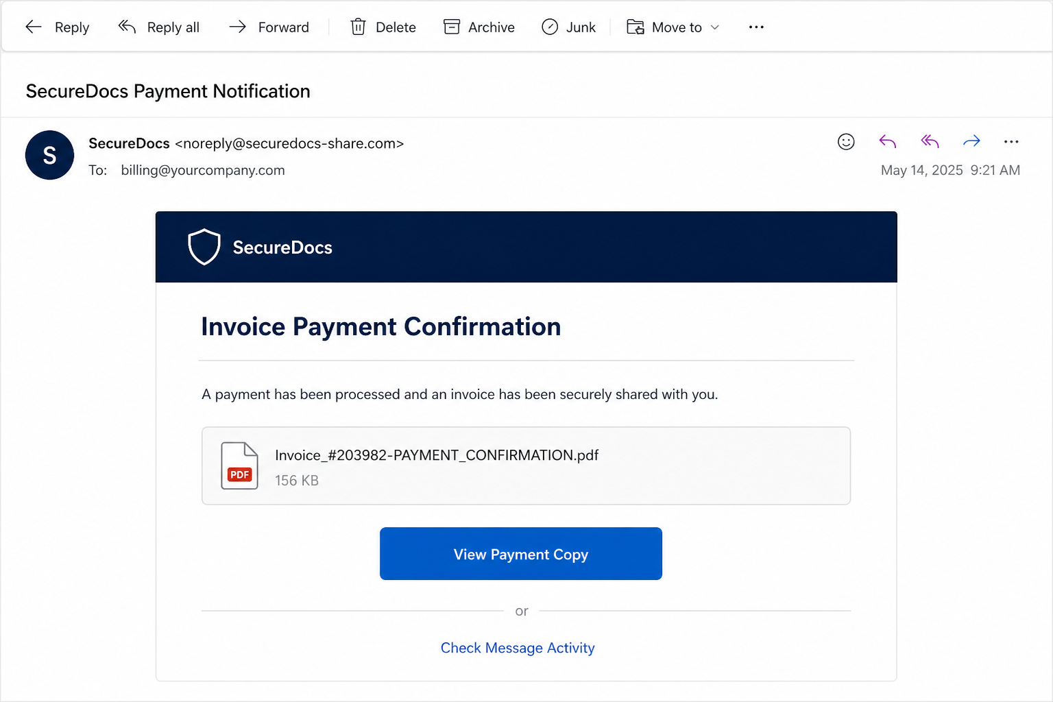 Fake SecureDocs invoice payment confirmation email with a View Payment Copy button