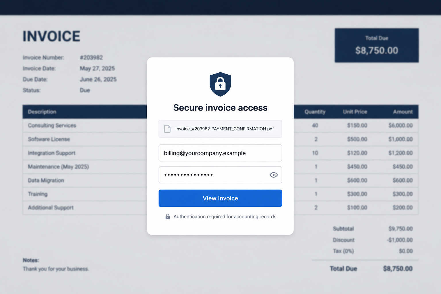 Counterfeit secure invoice login requesting a business email password
