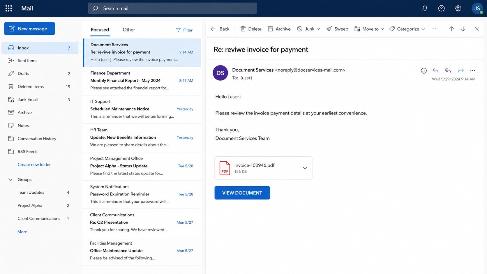 Reconstructed Review the Invoice and Confirm the Payment phishing email
