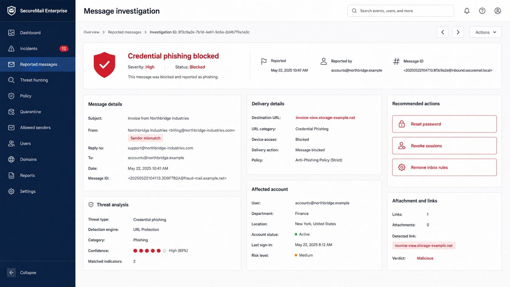 Email security dashboard showing containment steps after invoice phishing
