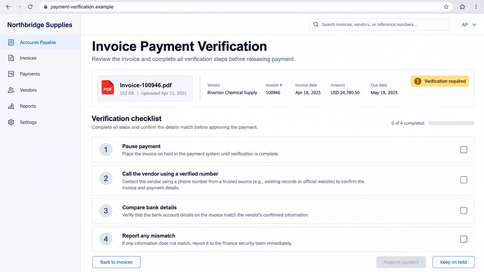 Invoice payment verification workflow for checking vendor and bank details