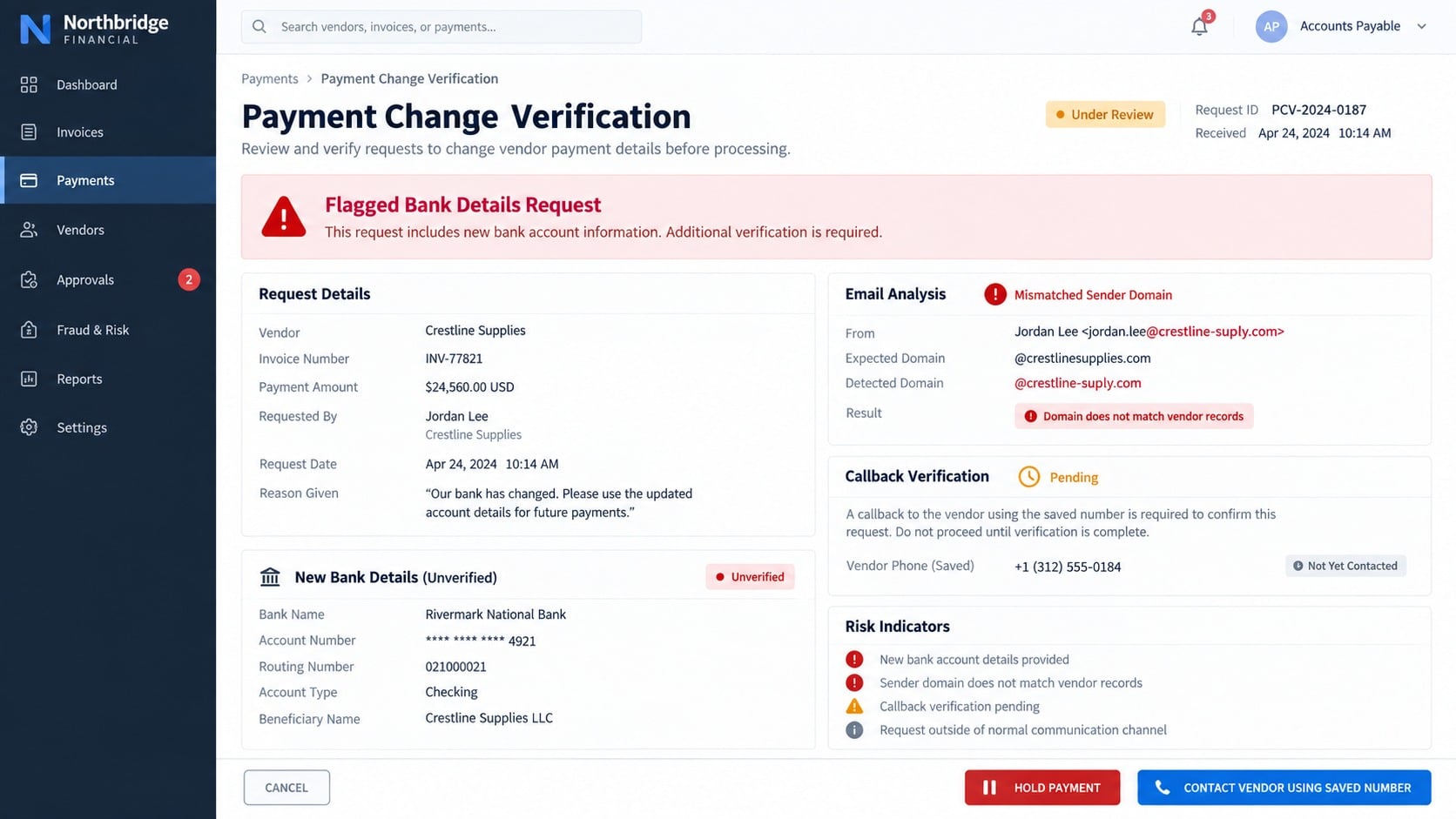 Payment change verification dashboard flagging mismatched vendor bank details