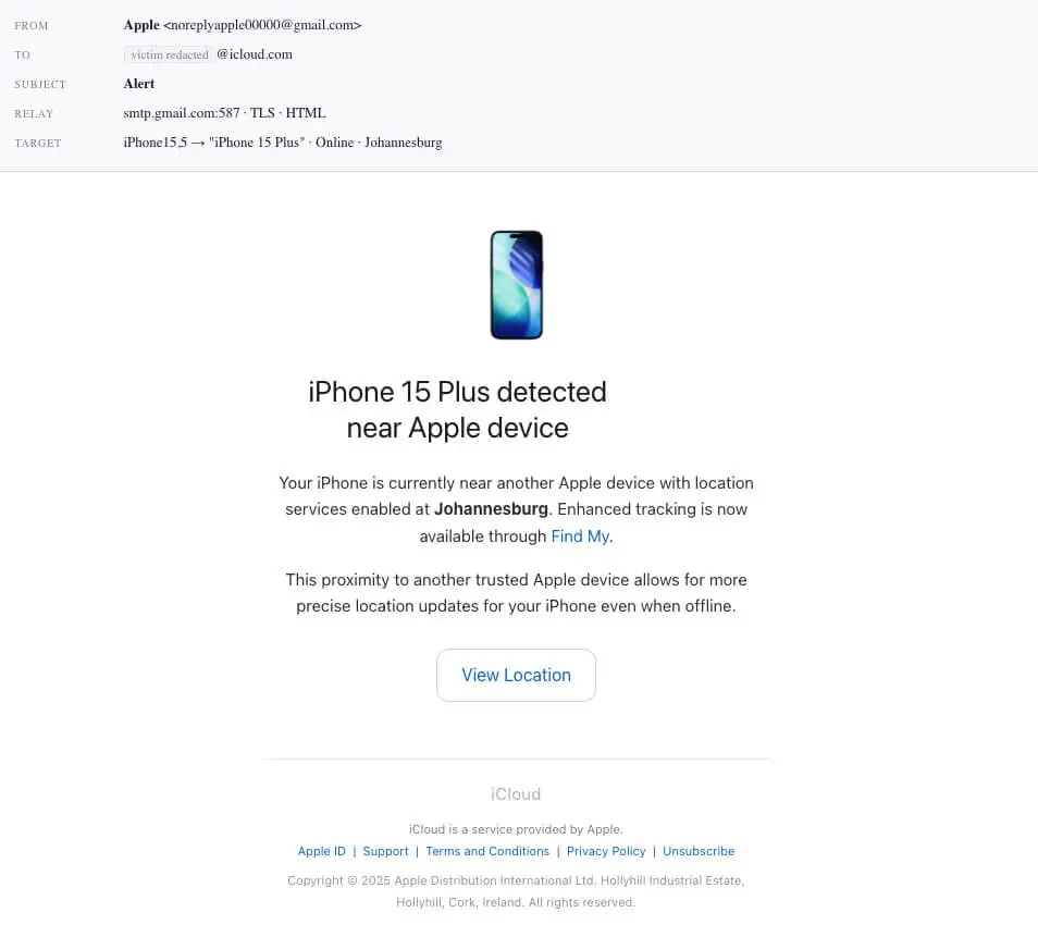 Researcher reconstruction from campaign logs of a fake Apple location email, with the recipient redacted