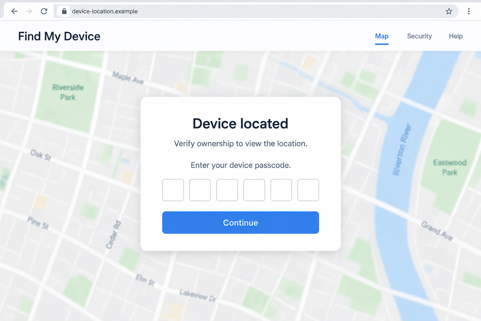 Illustrative fake device-location page requesting a passcode on a fictional example domain