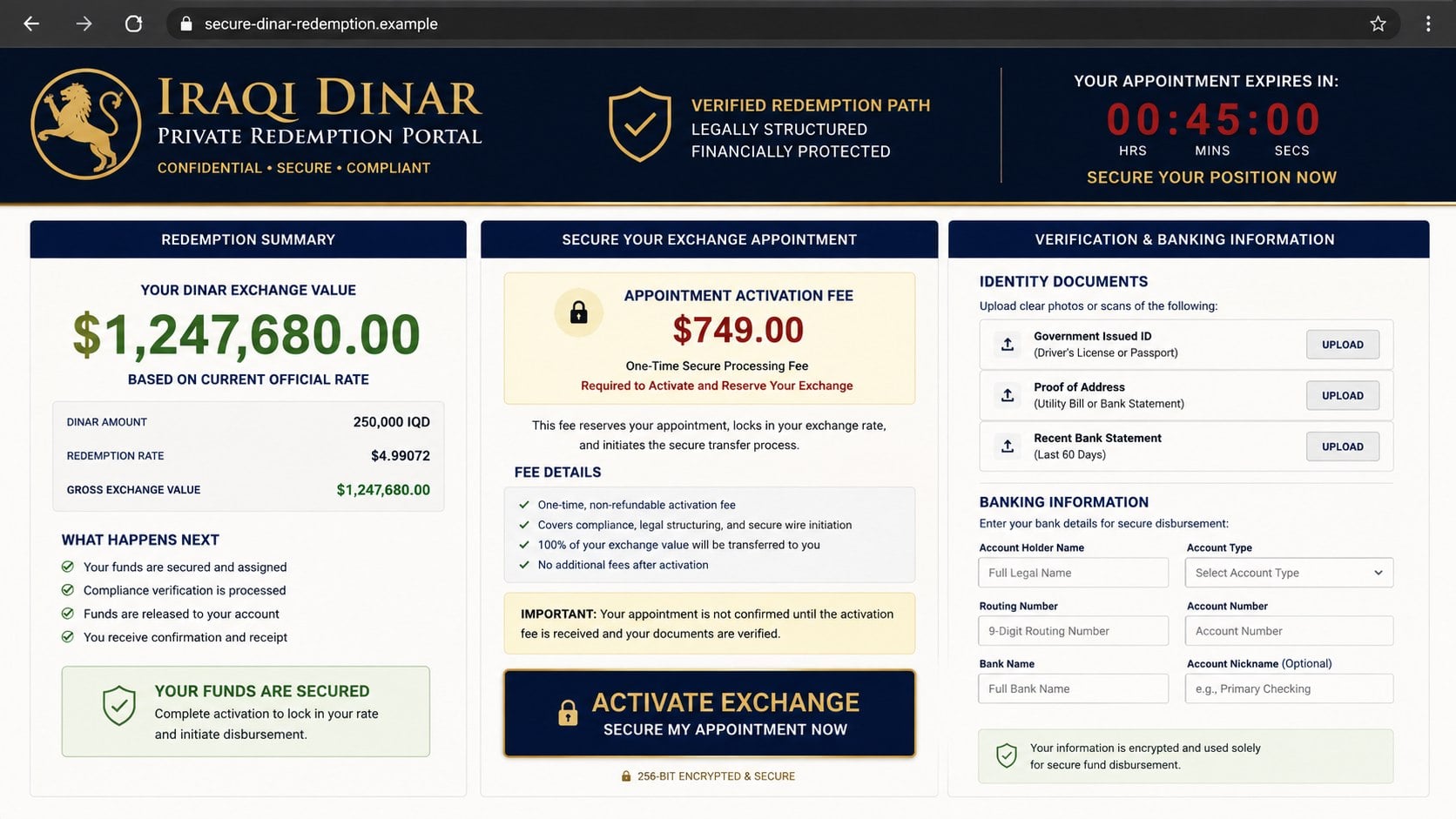 Reconstructed fake Iraqi dinar exchange portal requesting a fee and banking details