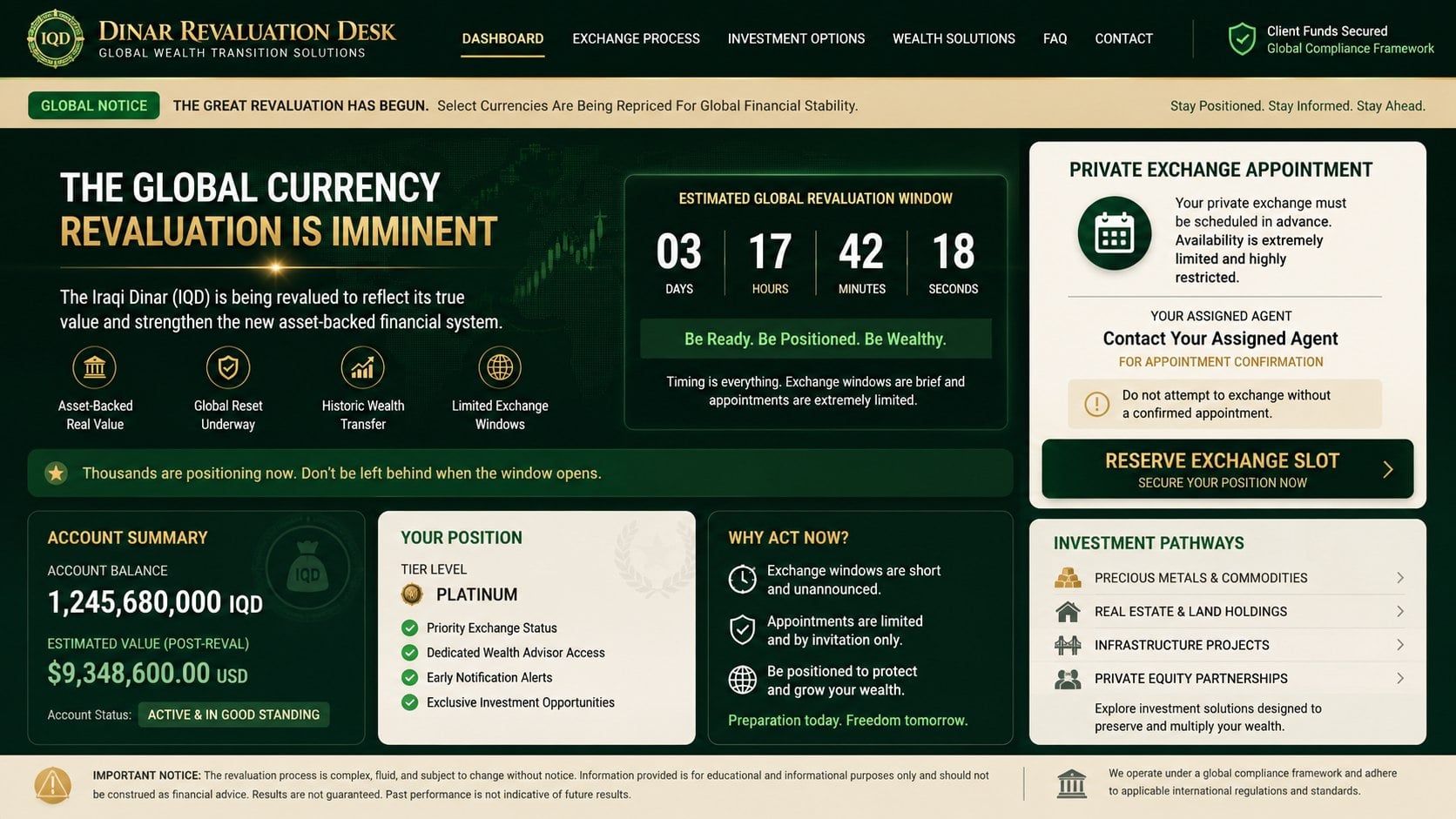 Reconstructed Iraqi dinar scam page promising an imminent currency revaluation