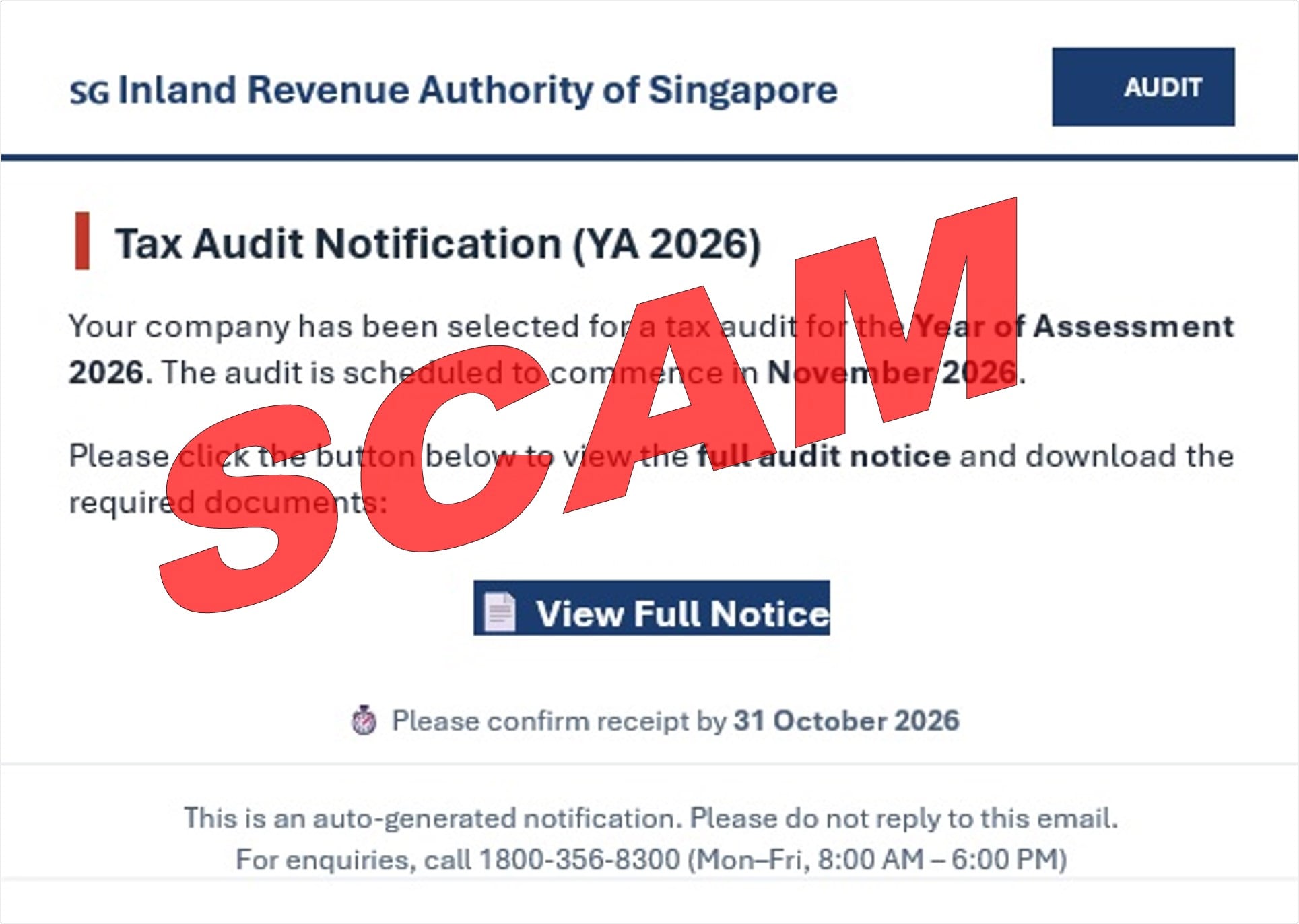 Fraudulent Tax Audit Notification for YA 2026 published in the official IRAS scam advisory