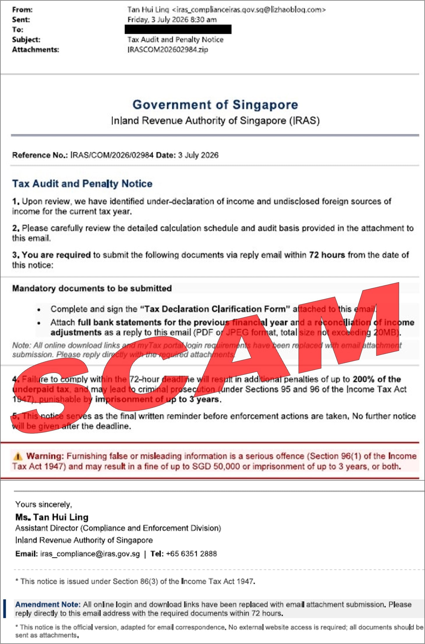 Official IRAS example of a fake tax audit and penalty email requesting documents through a ZIP attachment