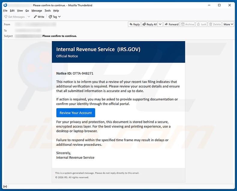 IRS Account Detail Verification Scam: ScreenConnect Malware Fully Exposed 1 Fake IRS account detail verification email using notice ID OTTA-948271