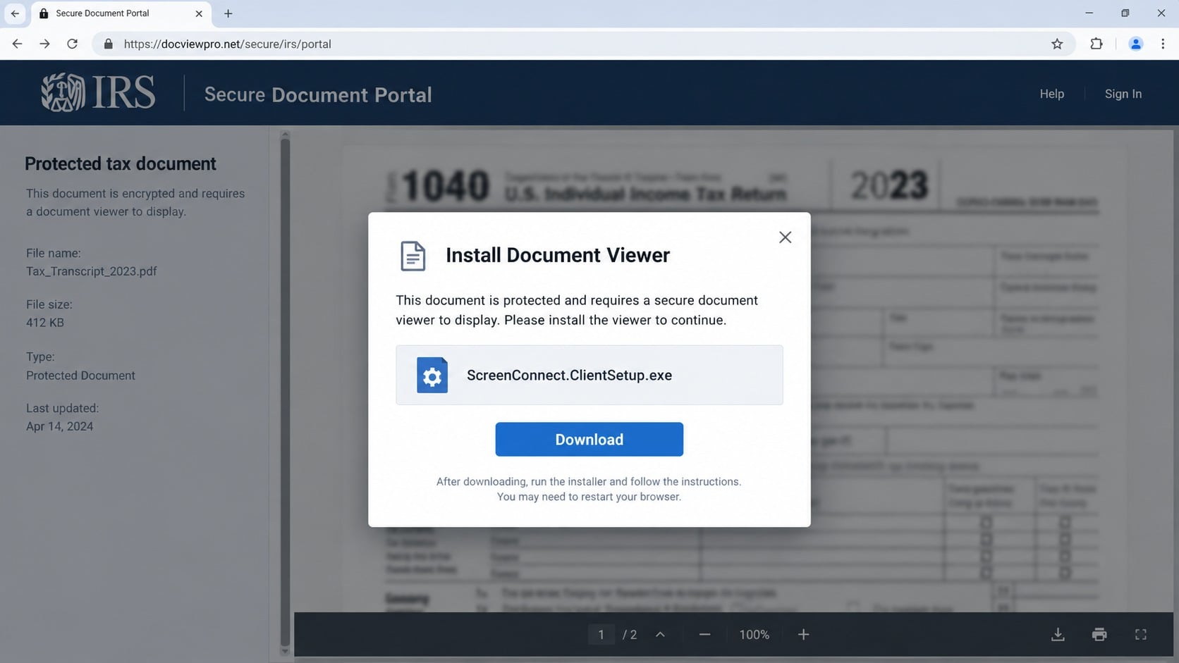 Fraudulent IRS document portal offering ScreenConnect ClientSetup as a viewer
