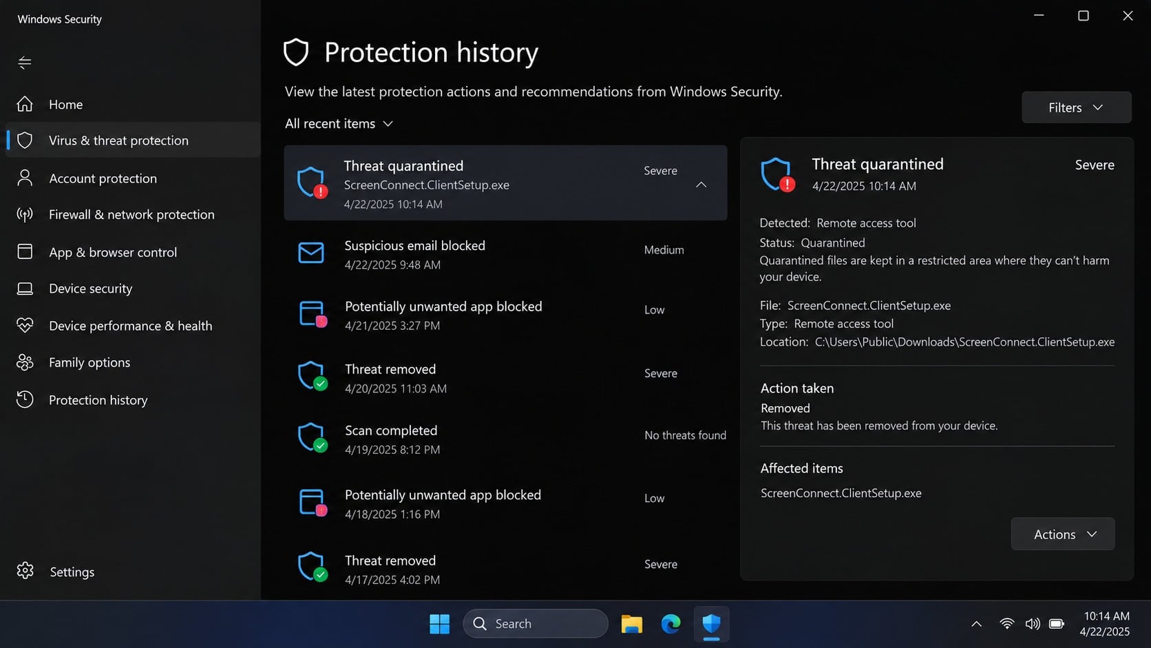 Protection history showing the ScreenConnect remote access installer quarantined