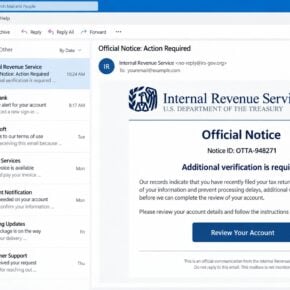 Fake IRS Account Detail Verification email with a Review Your Account button