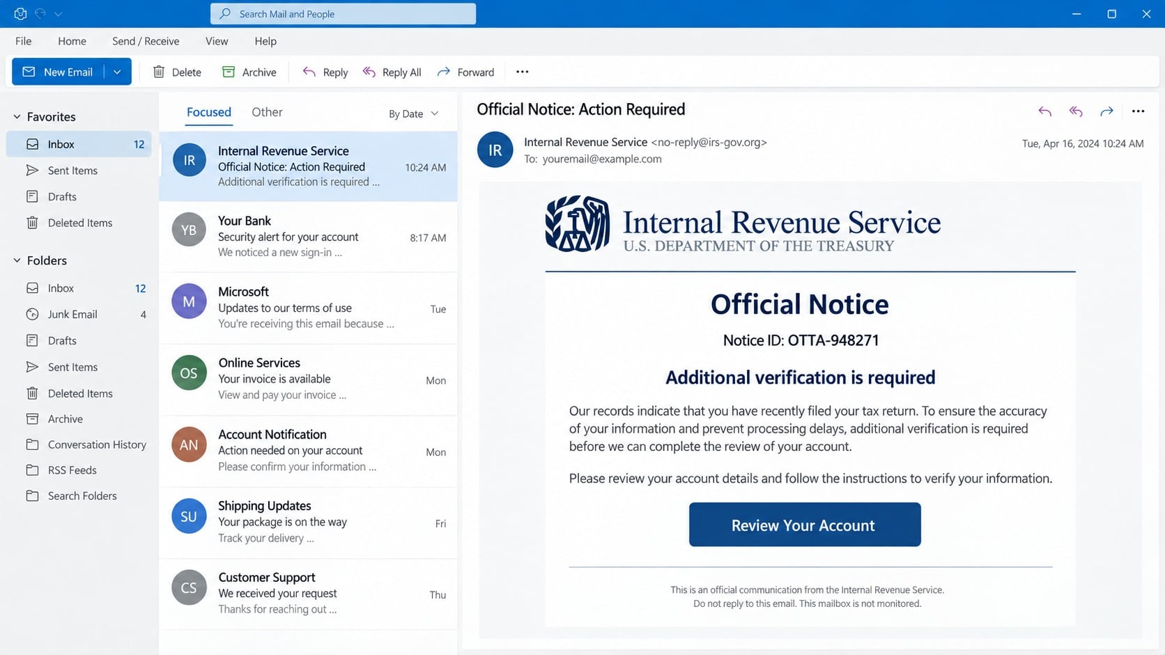 Fake IRS Account Detail Verification email with a Review Your Account button