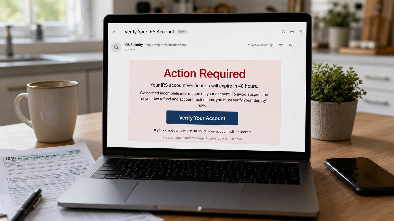 Verify Your IRS Account Scam: How the Fake Verification Steals Your ID 1 Realistic reconstruction of a Verify Your IRS Account phishing email