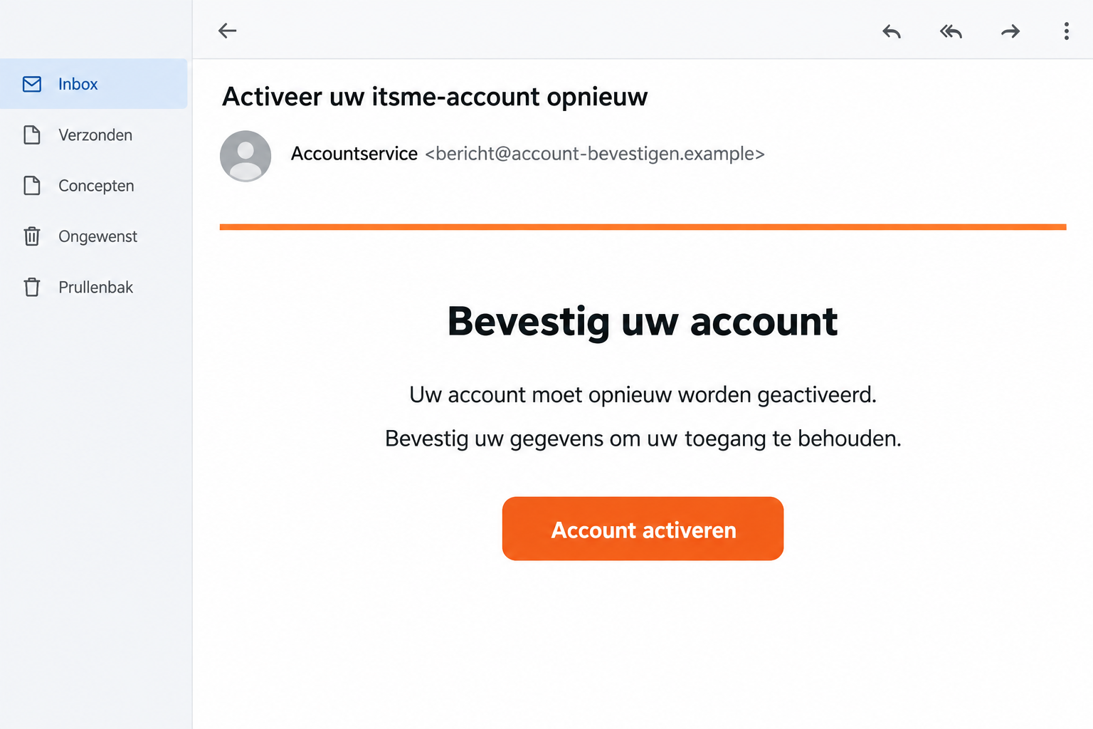 Illustrative Dutch itsme reactivation phishing email with a fictional sender address, not an original campaign capture