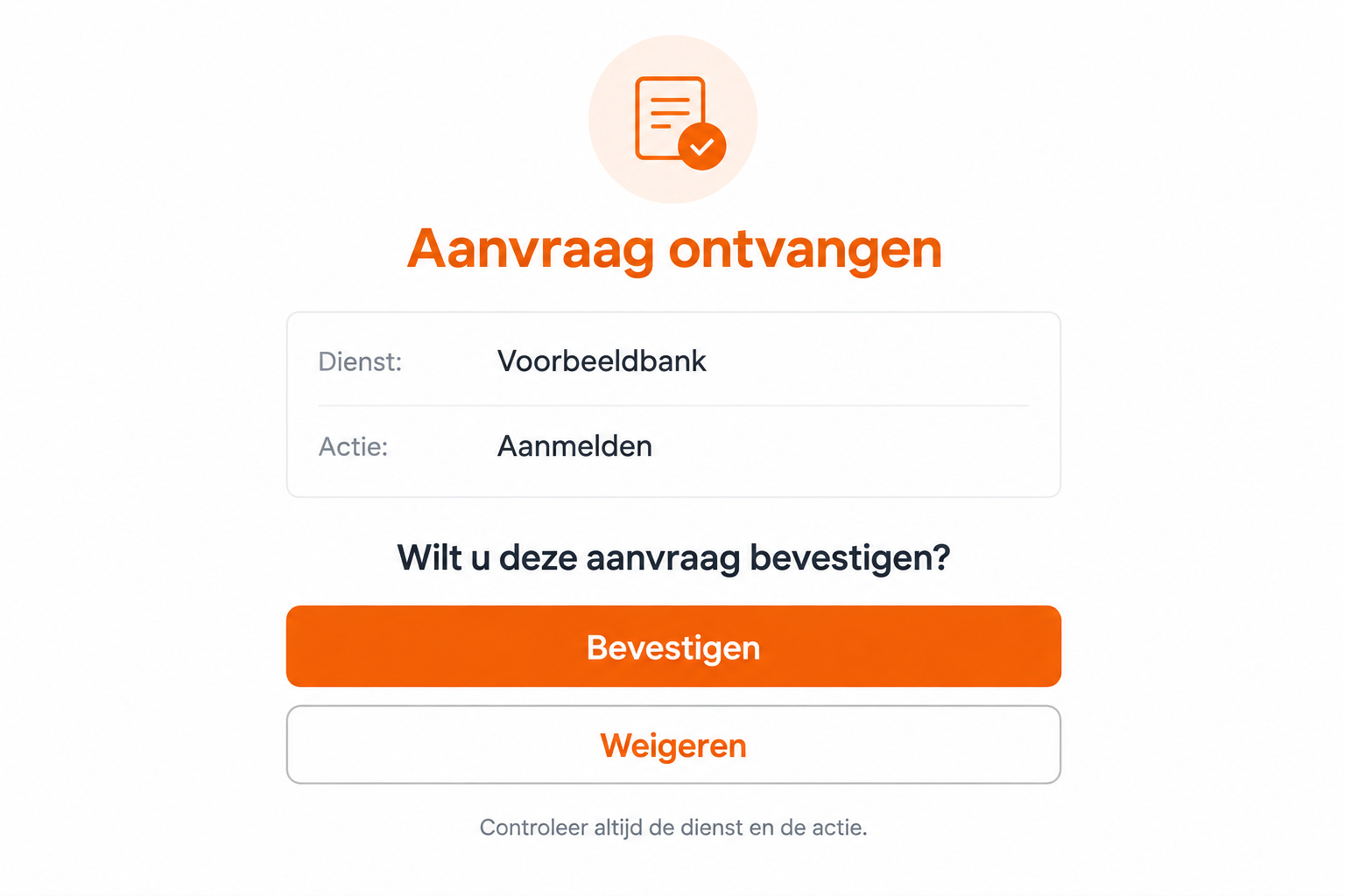 Illustrative Dutch identity approval request showing a fictional bank login and separate confirm and refuse buttons