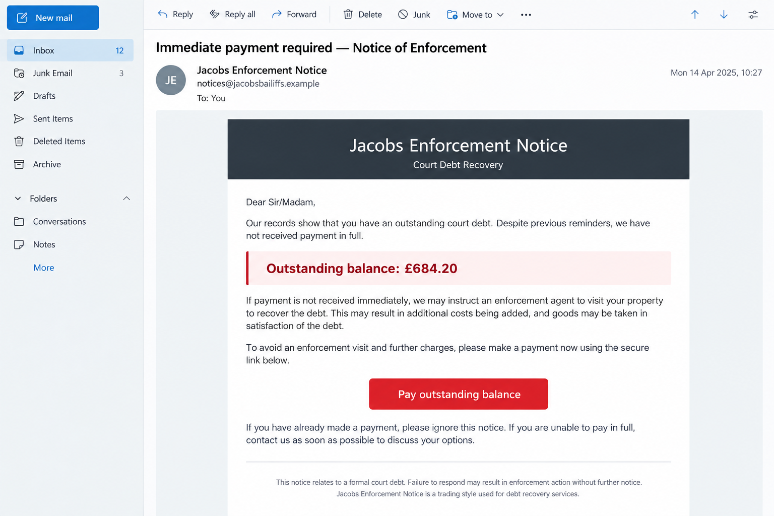 Jacobs Bailiff Email Scam Demands a Fake Court Debt 1 Fictional Jacobs Enforcement debt email demanding immediate payment of a court balance