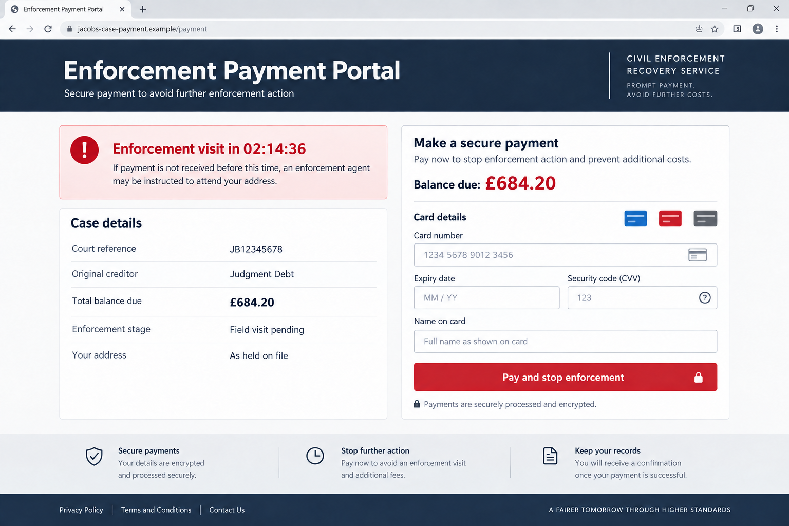 Jacobs Bailiff Email Scam Demands a Fake Court Debt 2 Fictional enforcement payment portal requesting card details for a £684.20 debt