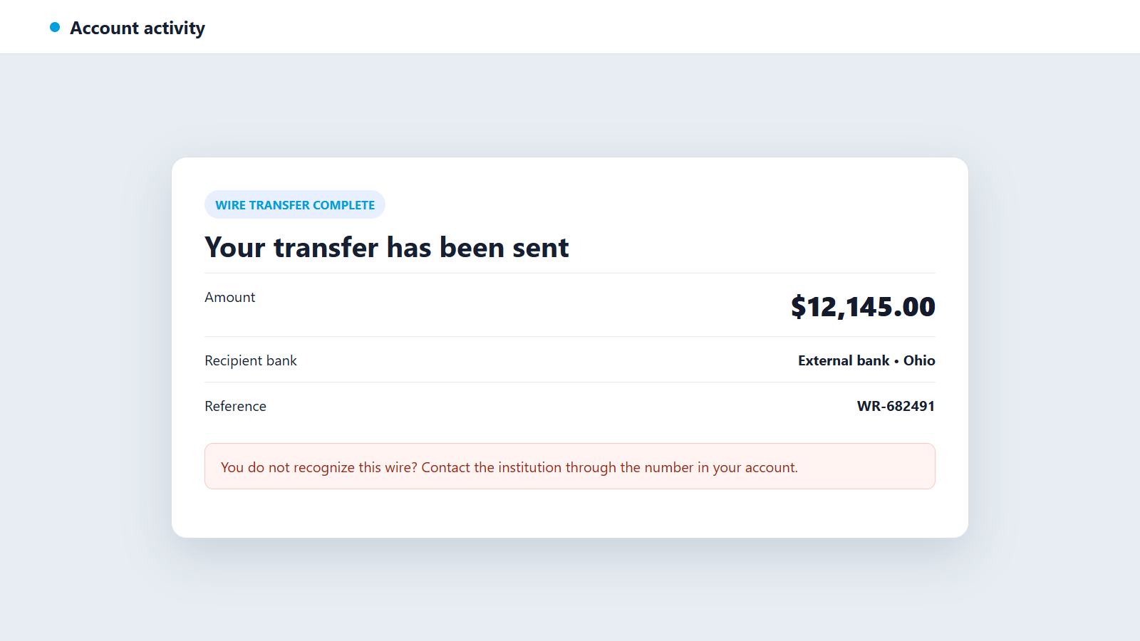 Reconstructed investment account alert showing an unauthorized $12,145 wire transfer