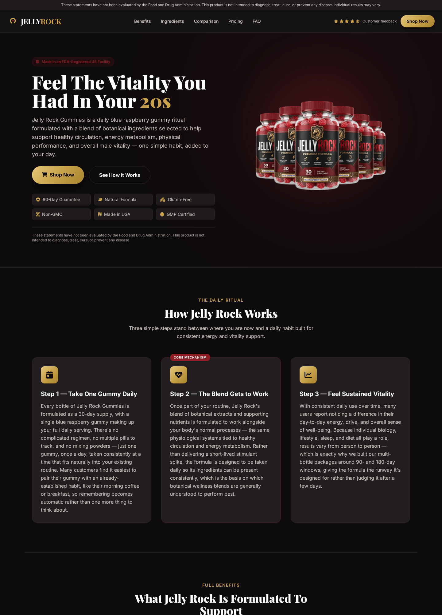 Jelly Rock product page showing multiple bottles, a 60-day guarantee, and vitality claims