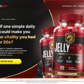 Jelly Rock Gummies storefront showing the male vitality claims, bottle design, rating, and order button