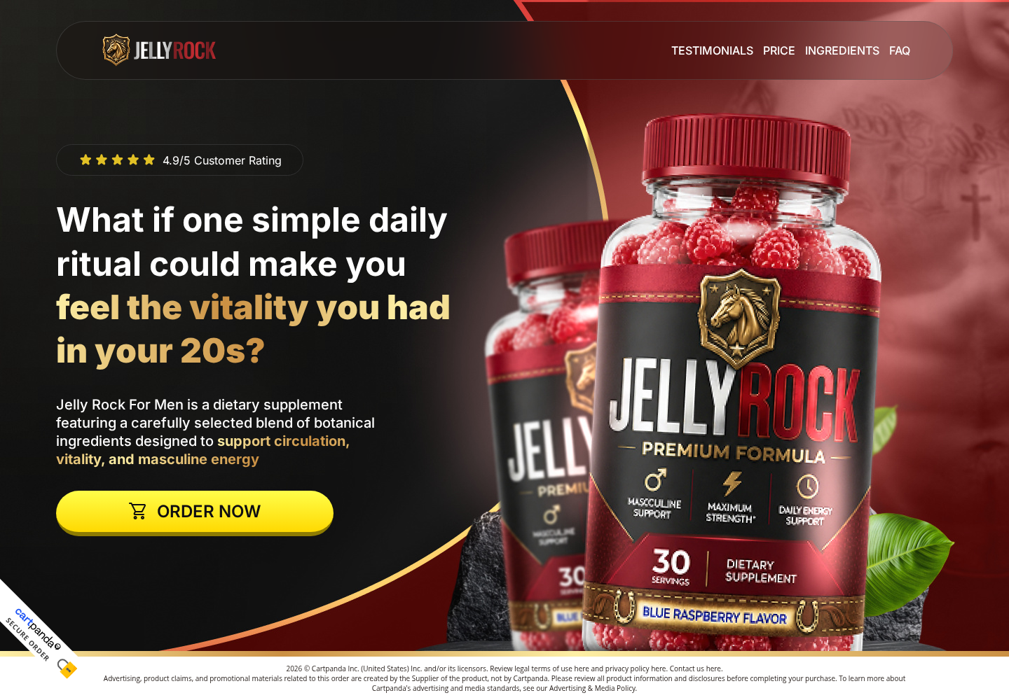 Jelly Rock Gummies storefront showing the male vitality claims, bottle design, rating, and order button
