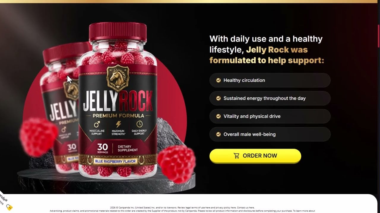 Jelly Rock advertisement showing the bottle, package pricing, guarantee, and hosted CartPanda checkout reference