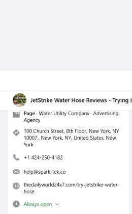 JetStrike Water Hose Review: Dead Offer, Affiliate Trail and Risks Exposed 2 JetStrike Facebook page details listing Spark Tek contact information and an external promotional link